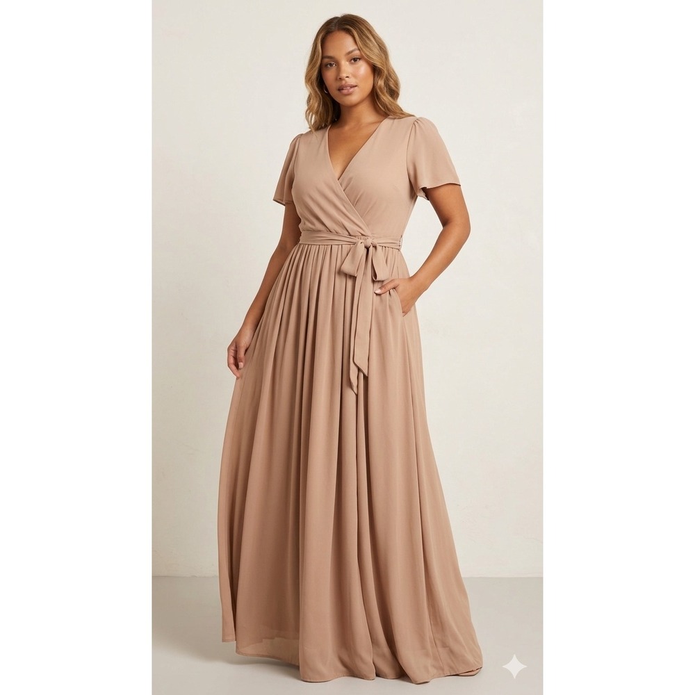 Baltic Born Maxi Dress Women XL Taupe Lydia Wrap Flutter Sleeve Formal Wedding